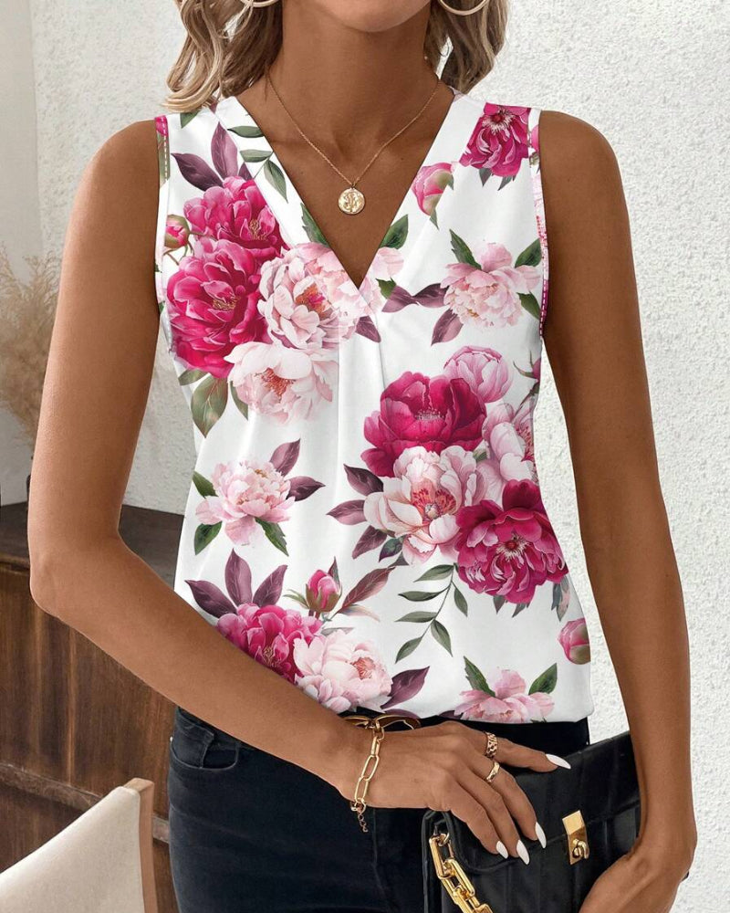 Une Blouse Sleeveless au Col V avec Impression de Roses