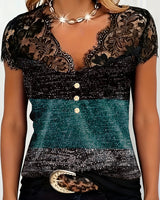 T-Shirt Col V Dentelle Patchwork Contraste Couleur