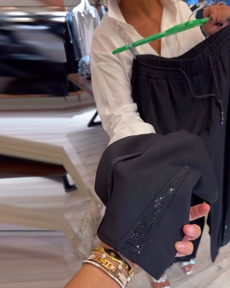 Pantalon décontracté uni avec cordon de serrage et patchwork de paillettes