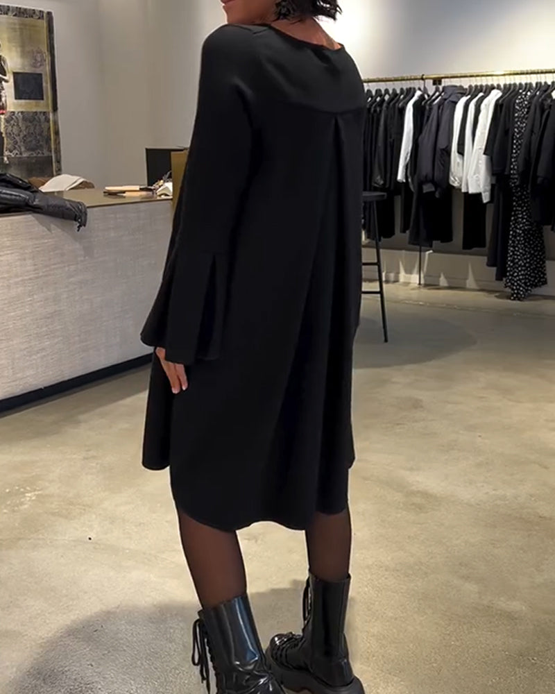 Robe Uni Manche Évasée Froncé