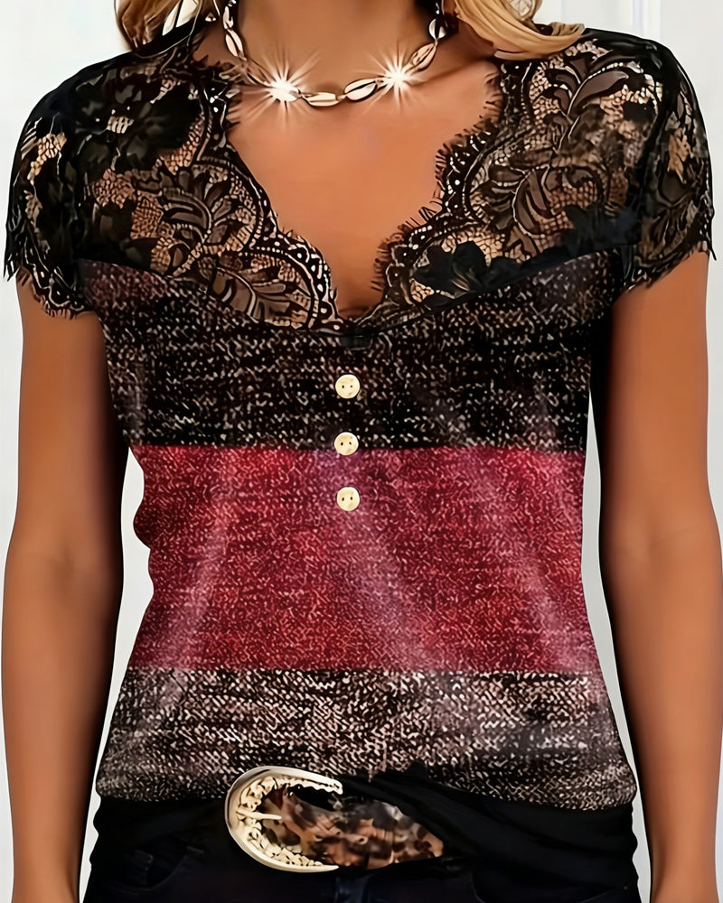 T-Shirt Col V Dentelle Patchwork Contraste Couleur