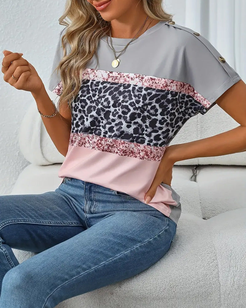 T-Shirt Col Rond Imprimé Léopard Bloc De Couleur