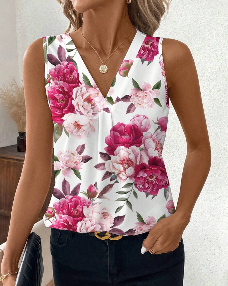Une Blouse Sleeveless au Col V avec Impression de Roses