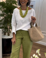 Top Simple avec Col Rond, Couleur Uni et Manches Longues