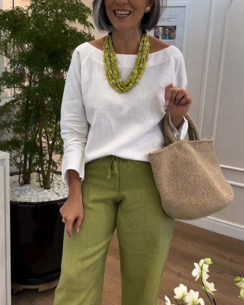 Top Simple avec Col Rond, Couleur Uni et Manches Longues