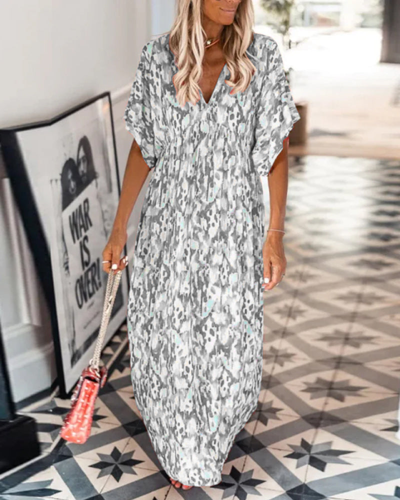 Robe tendance à col en V imprimée à manches courtes