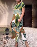 Robe fendue à manches courtes et imprimé feuilles