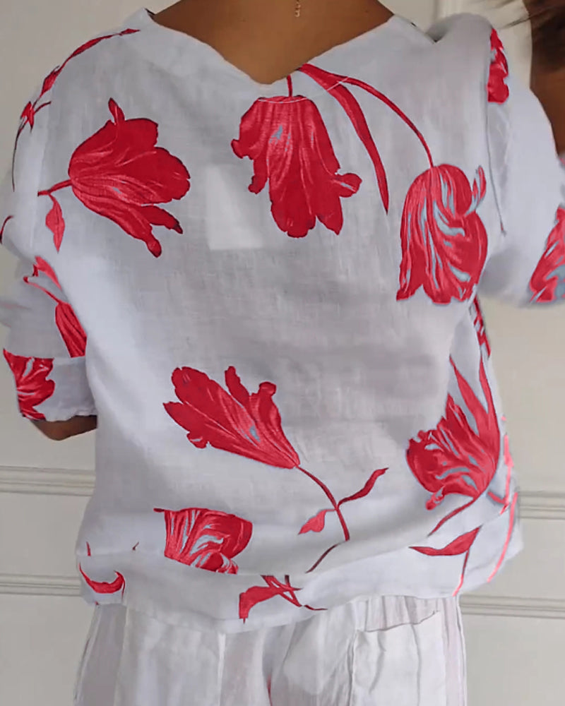 Haut boutonné en coton et lin imprimé fleuri