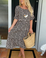 Robe midi col rond imprimé à pois