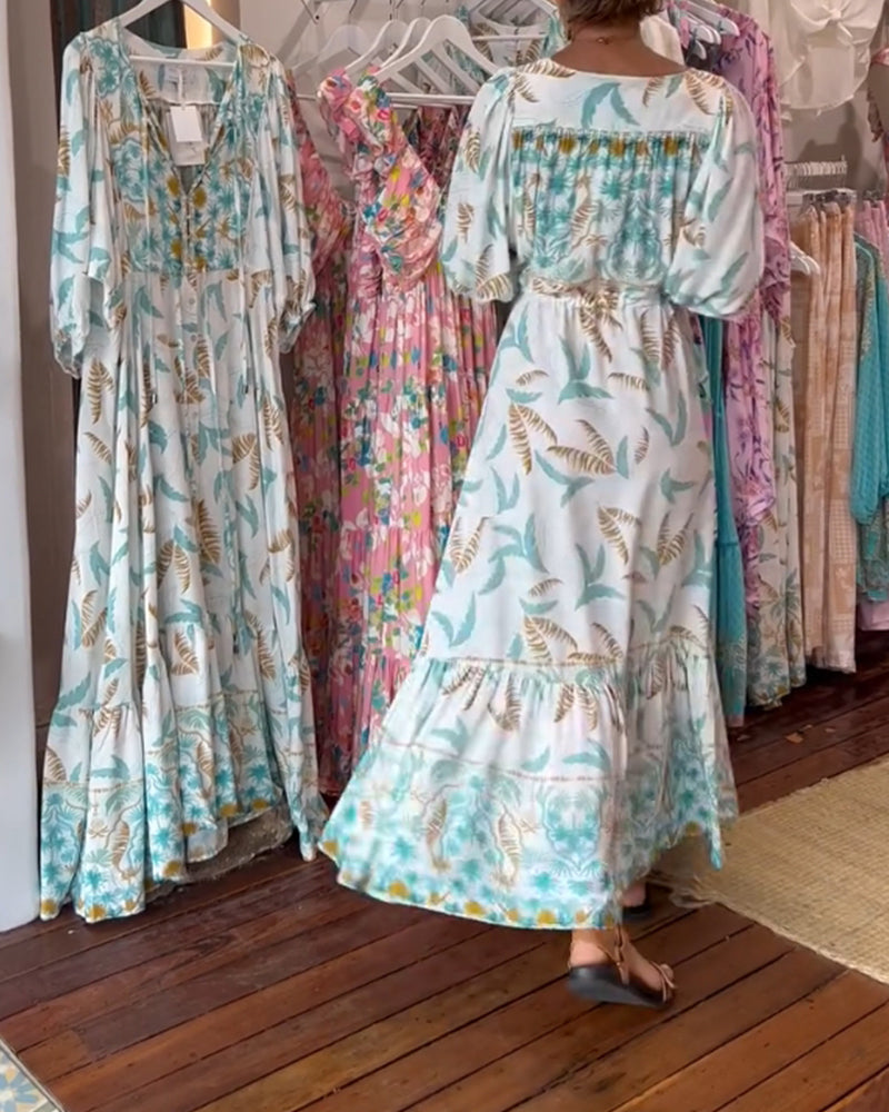 Robe longue femme col V imprimé feuilles