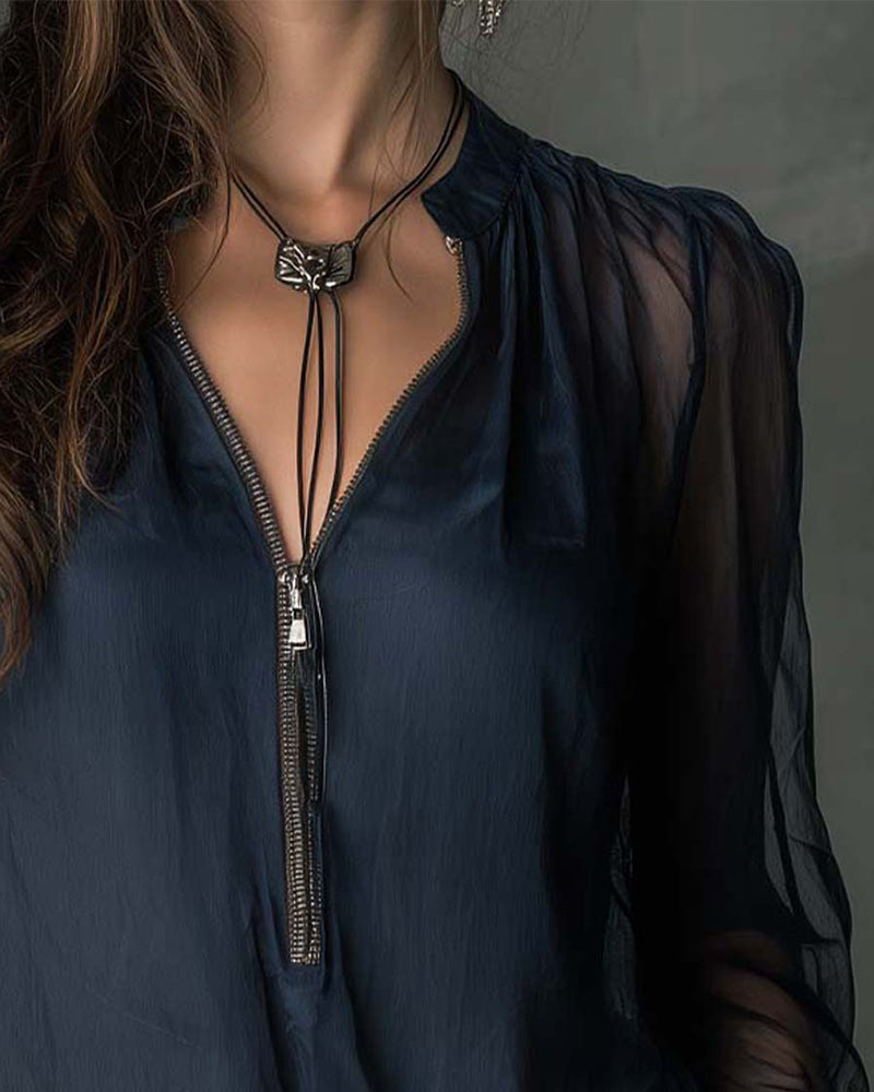 Blouse Demi-zippé Maille Manches-longues
