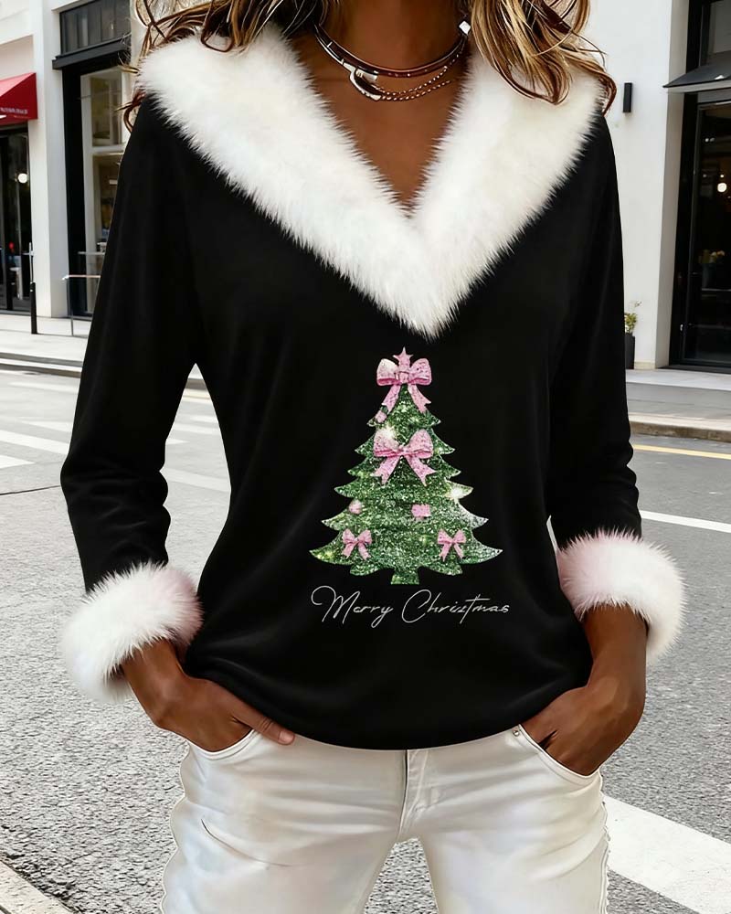 Top Grand Col Fourrure Imprimé Noël