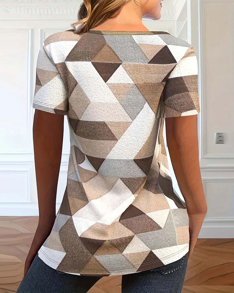 T-shirt avec un Cou en U en Bloc de Couleurs Casual