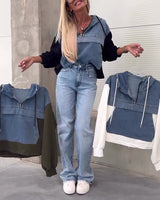 Sweat à capuche zippé en patchwork de denim décontracté