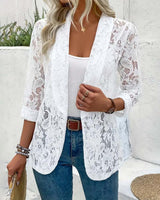 Manteau élégant à revers en dentelle florale de couleur unie