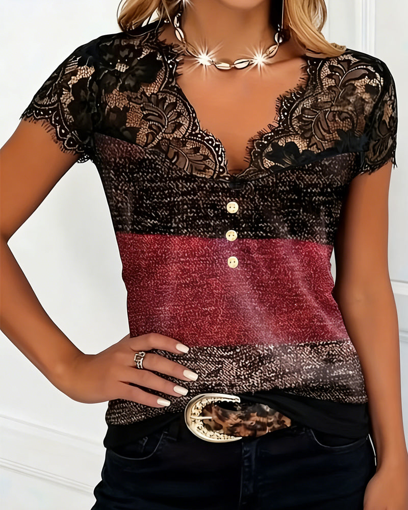 T-Shirt Col V Dentelle Patchwork Contraste Couleur