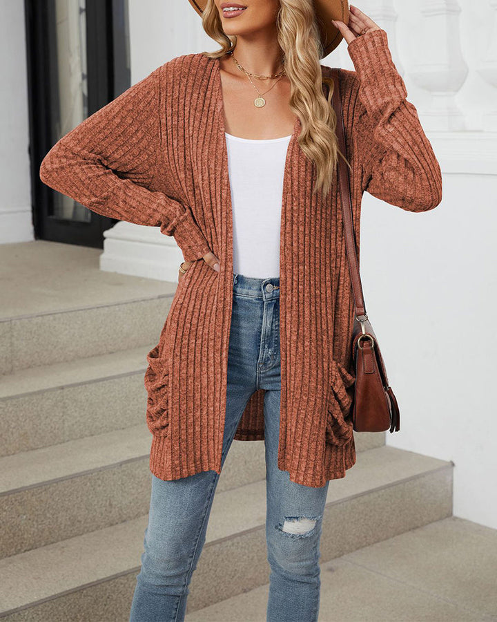 Cardigan décontracté à manches longues et poches de couleur unie