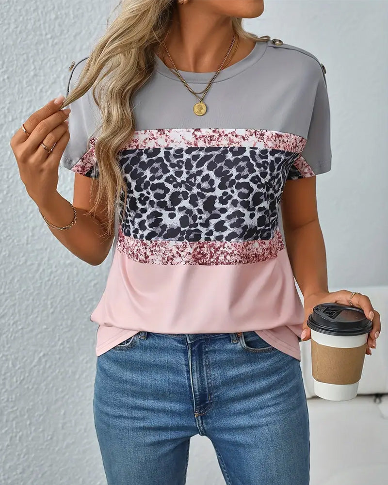 T-Shirt Col Rond Imprimé Léopard Bloc De Couleur