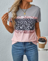 T-Shirt Col Rond Imprimé Léopard Bloc De Couleur