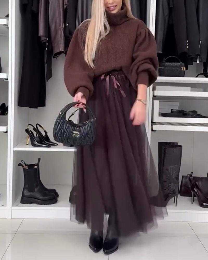 Jupe plissée décontractée à lacets en maille de couleur unie