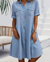 Robe Manches Courtes Col Solide Bouton