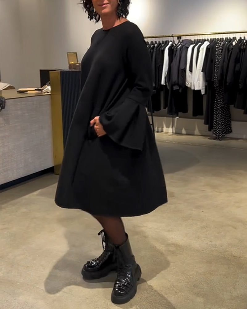 Robe Uni Manche Évasée Froncé