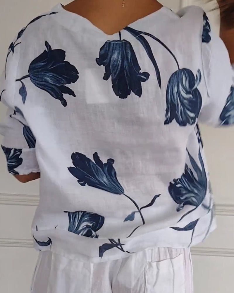 Haut boutonné en coton et lin imprimé fleuri