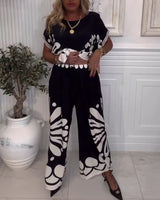 Costume Tempérament Imprimé Poche Pantalon Large