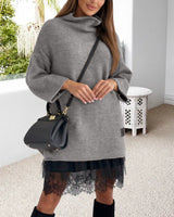 Ensemble robe pull col montant en maille décontractée de couleur unie
