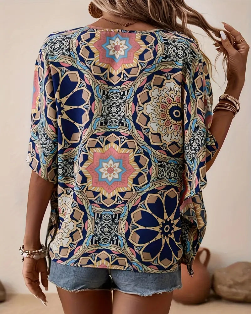 Blouse à demi-manches boutons avec col en V et imprimé rétro