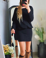 Robe tendance à manches longues et col rond de couleur unie