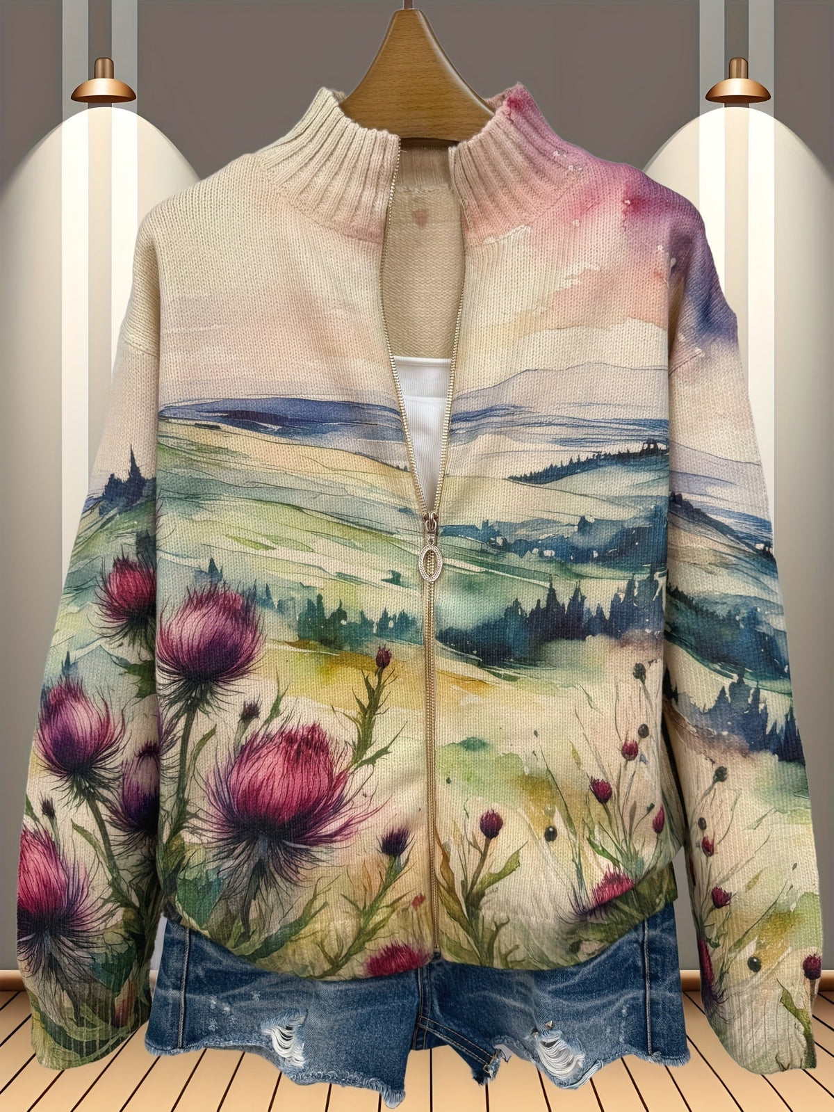 Aurore - Cardigan zippé à imprimé chardons aquarelle