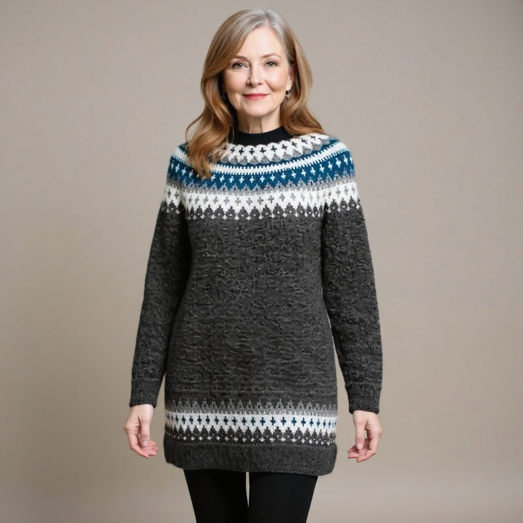 Laurence - Pull vintage long gris anthracite à jacquard bleu