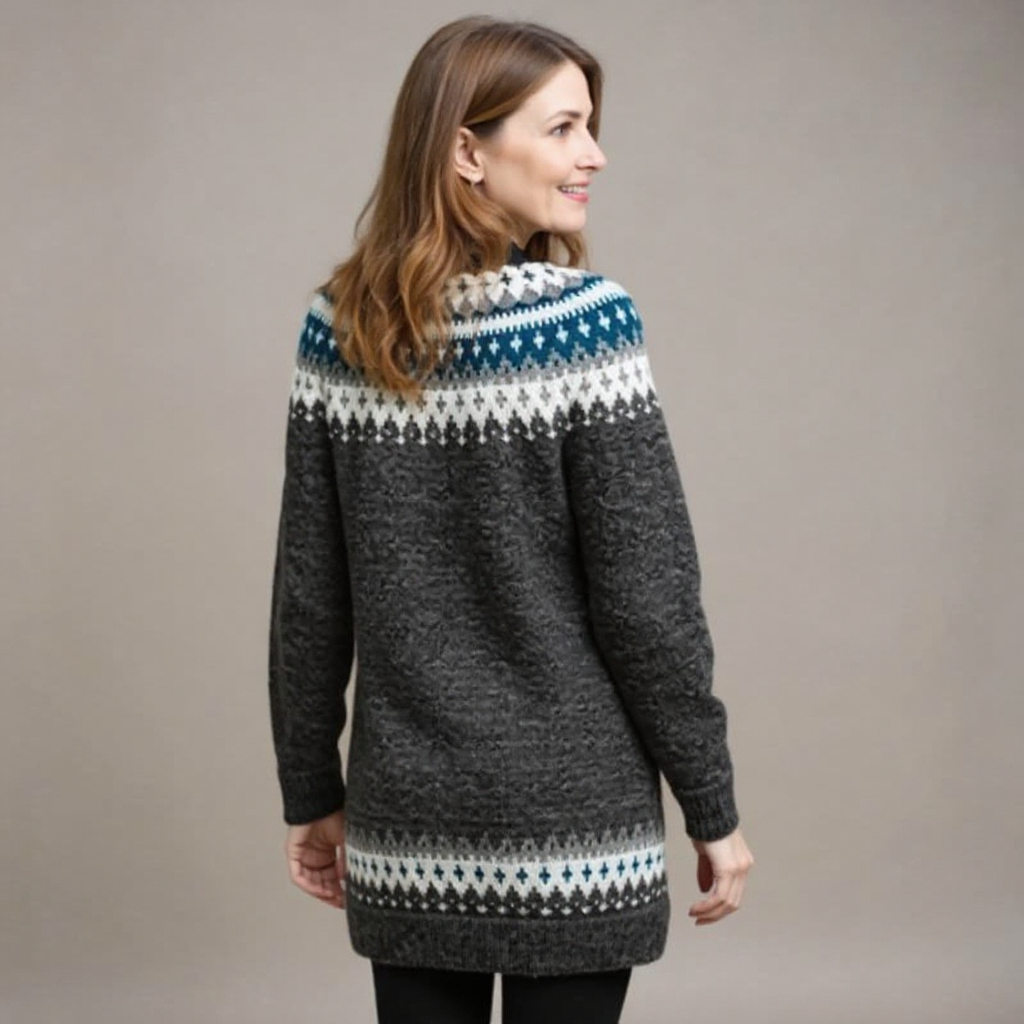 Laurence - Pull vintage long gris anthracite à jacquard bleu