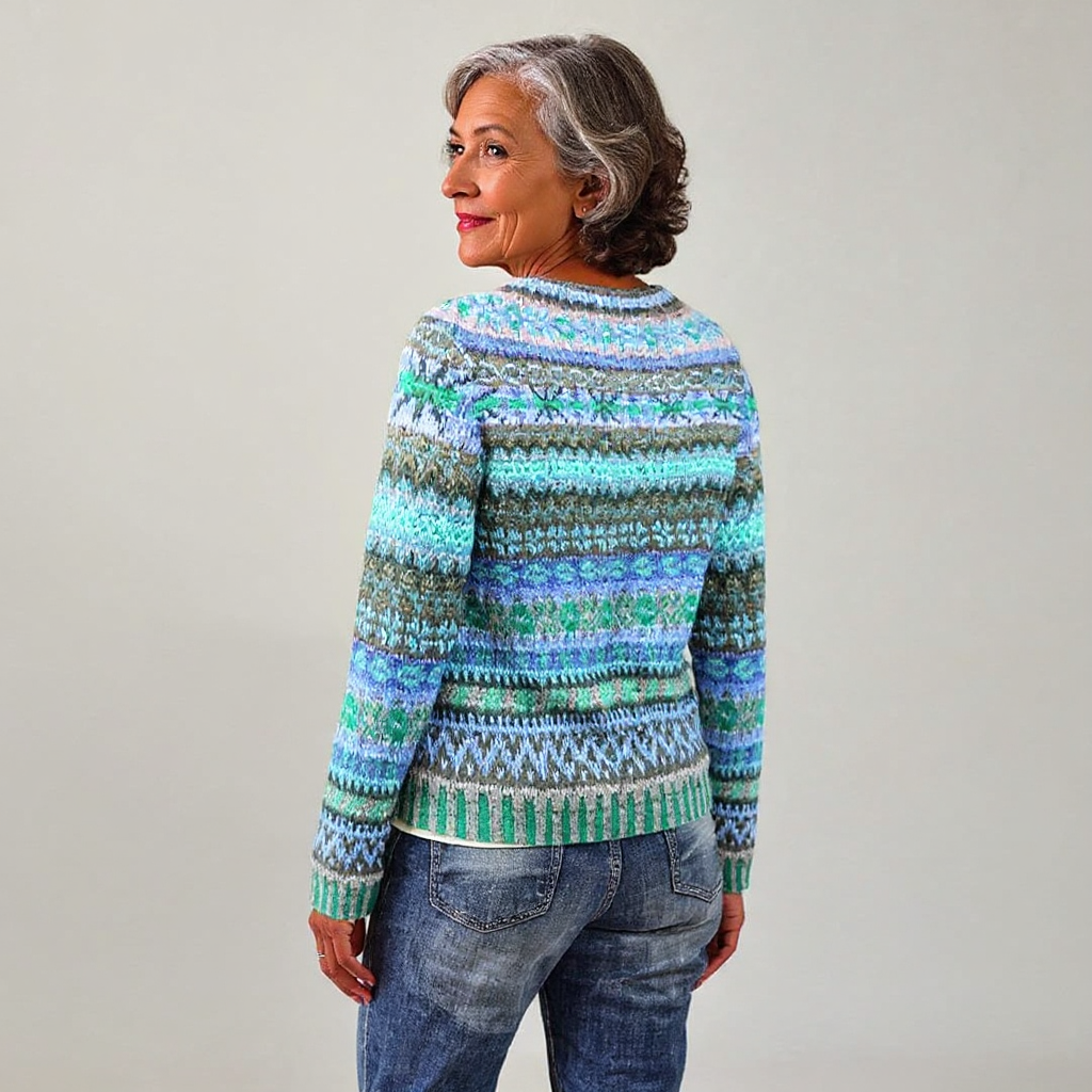 Félicienne - Pull d'esprit vintage à rayures chinées vert et bleu