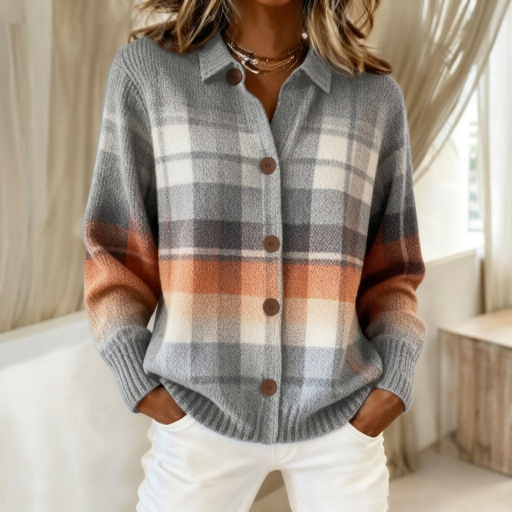 Eugénie - Cardigan à carreaux gris et orange