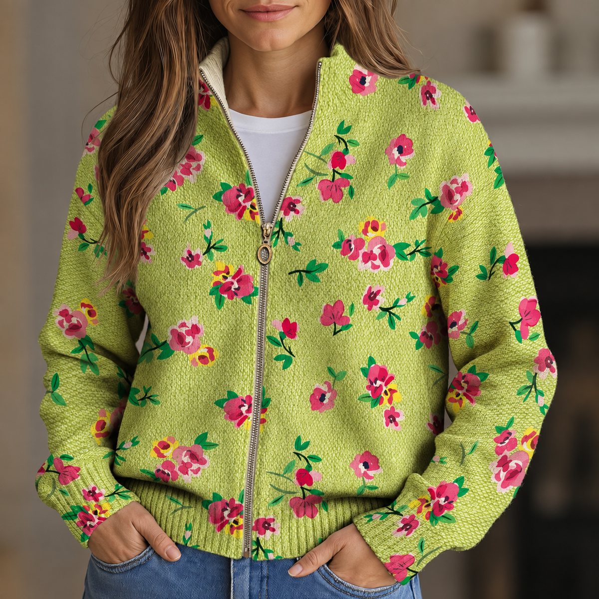 Laure - Cardigan zippé vert citron à fleurs roses