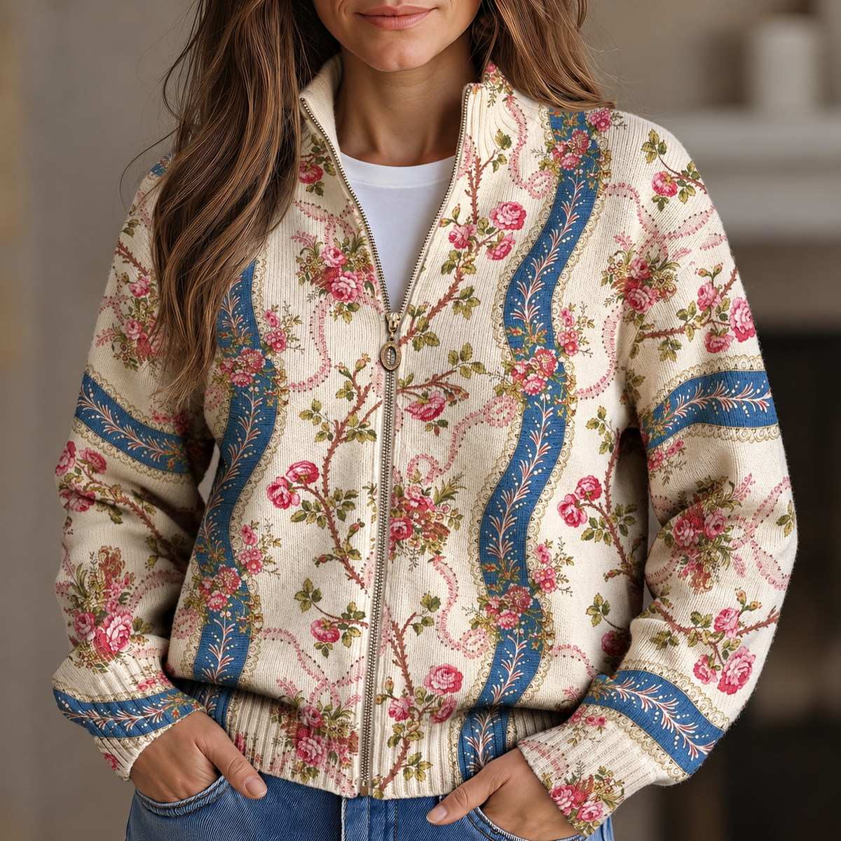 Camille - Cardigan zippé à imprimé roses grimpantes