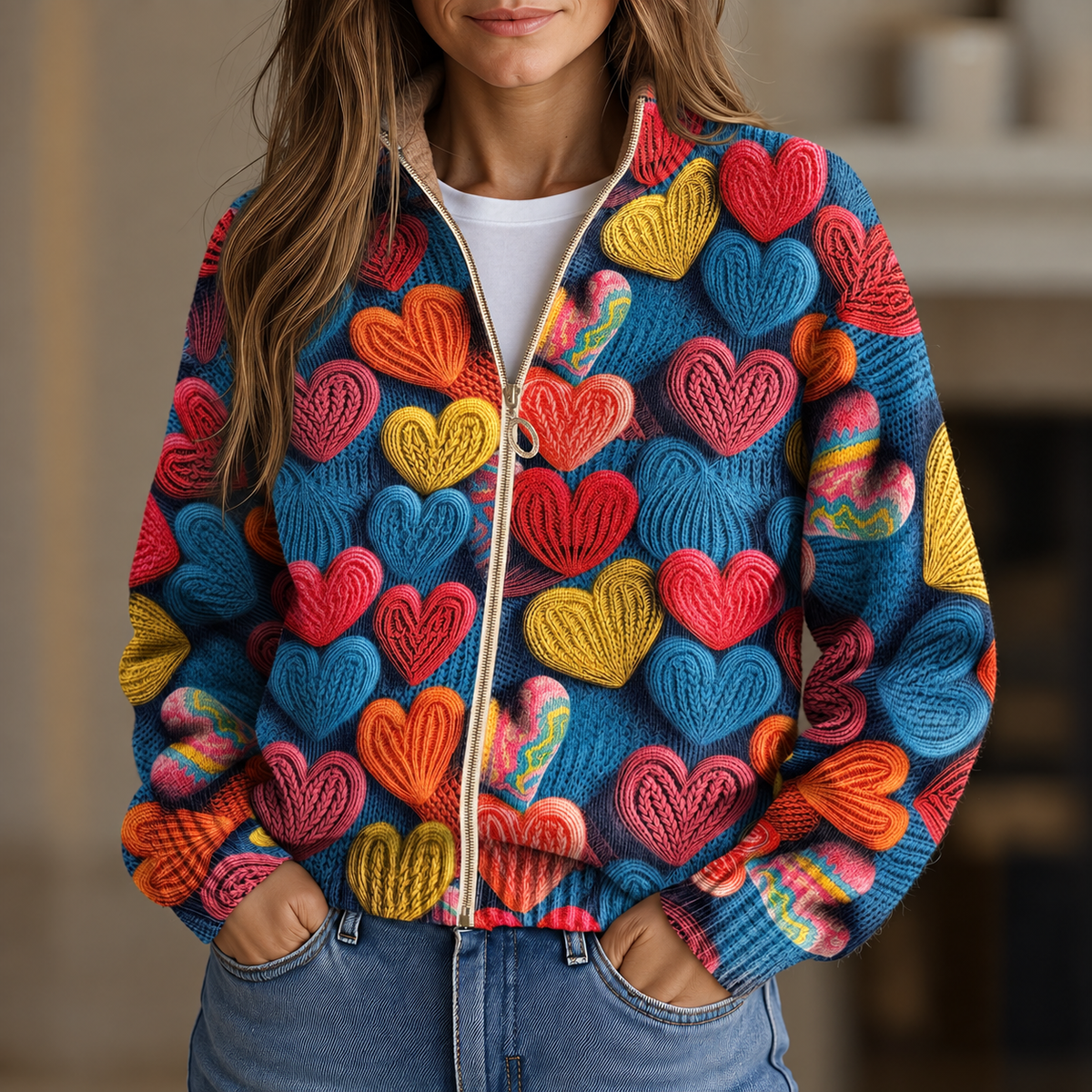 Madeleine - Cardigan zippé à cœurs multicolores