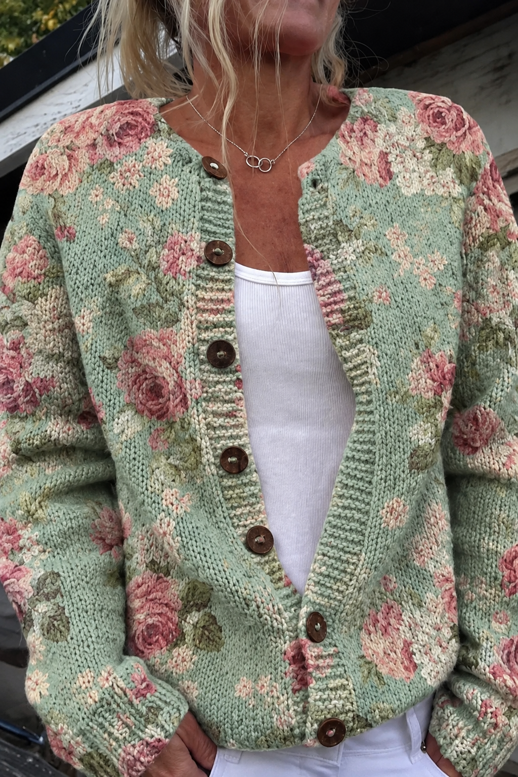 CARDIGAN VINTAGE VERT MENTHE À IMPRIMÉ DE ROSES ET BOUTONS
