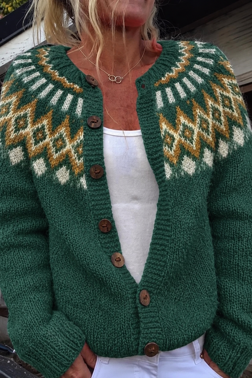 CARDIGAN VINTAGE VERT À MOTIFS NORDIQUES ET BOUTONS