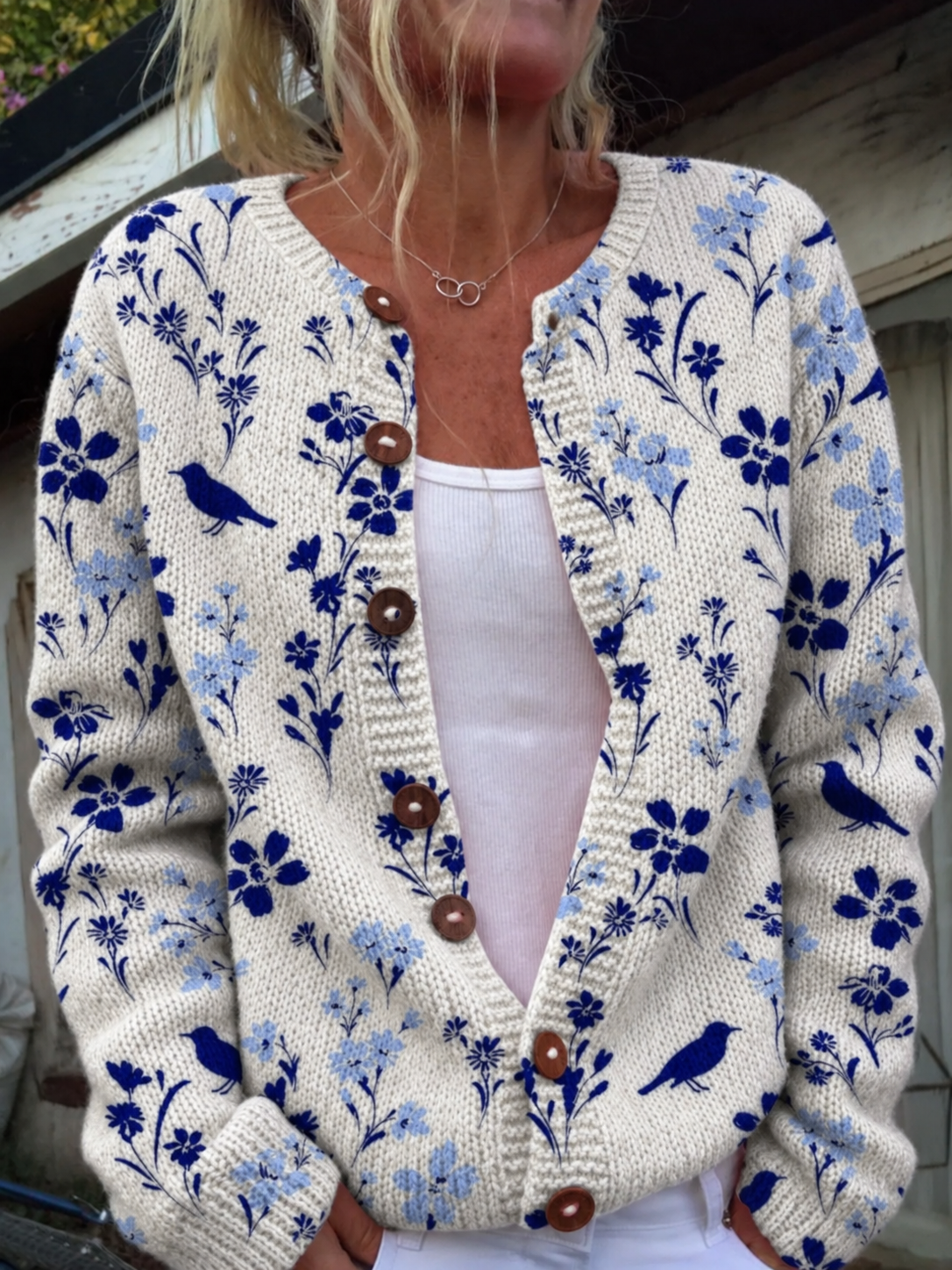 CARDIGAN VINTAGE AVEC IMPRIMÉ FLORAL ET BOUTONS