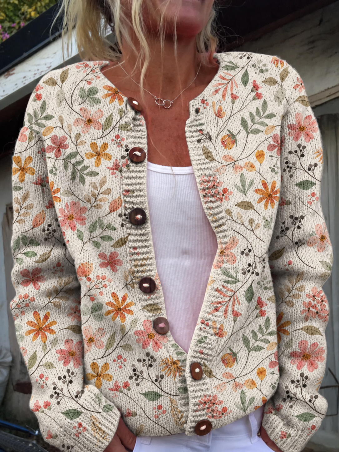 CARDIGAN À BOUTONS AVEC PETIT IMPRIMÉ FLORAL FRAIS
