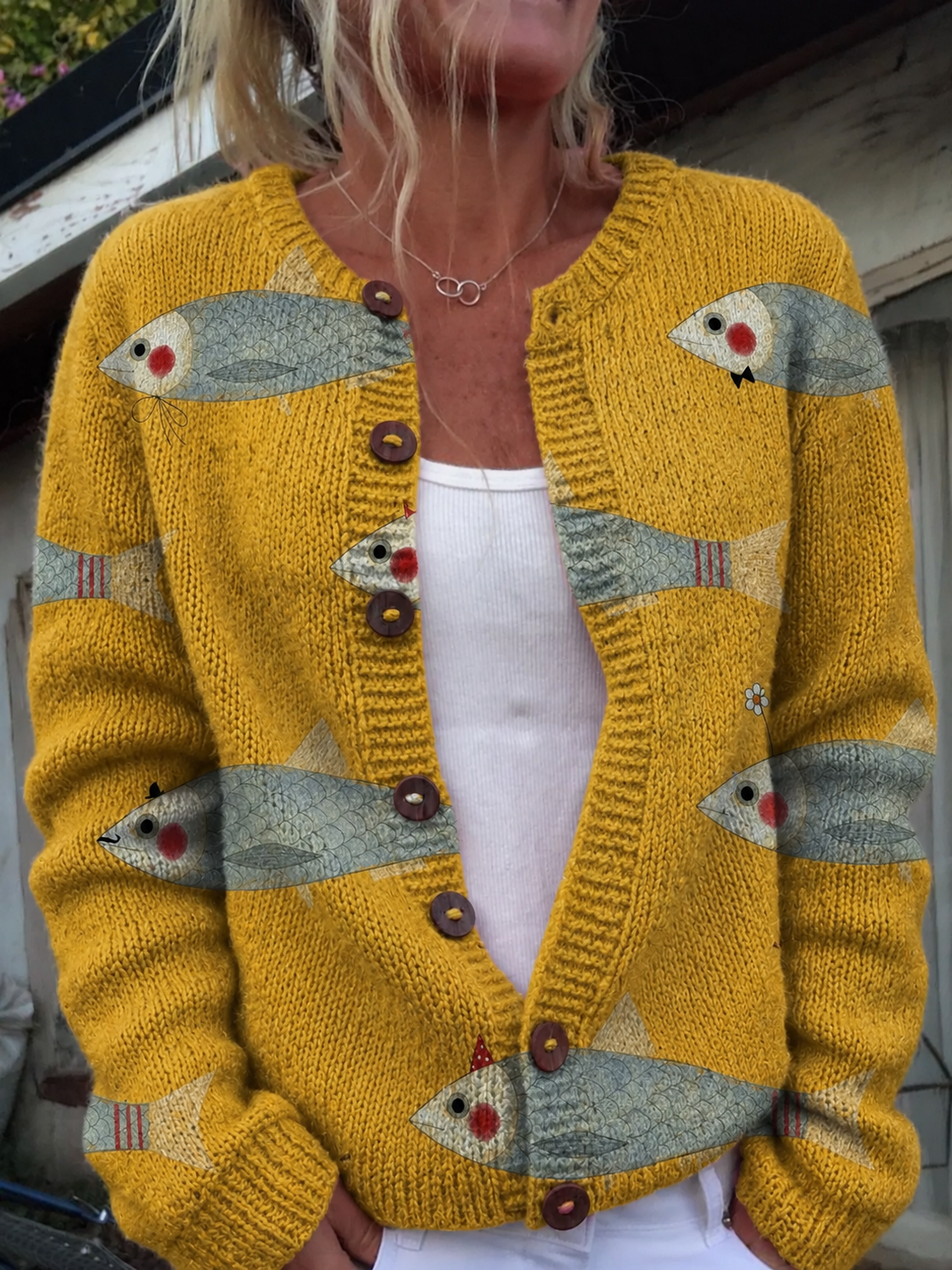 CARDIGAN VINTAGE À BOUTONS AVEC IMPRIMÉ ARTISTIQUE DE POISSONS ET DE SARDINES