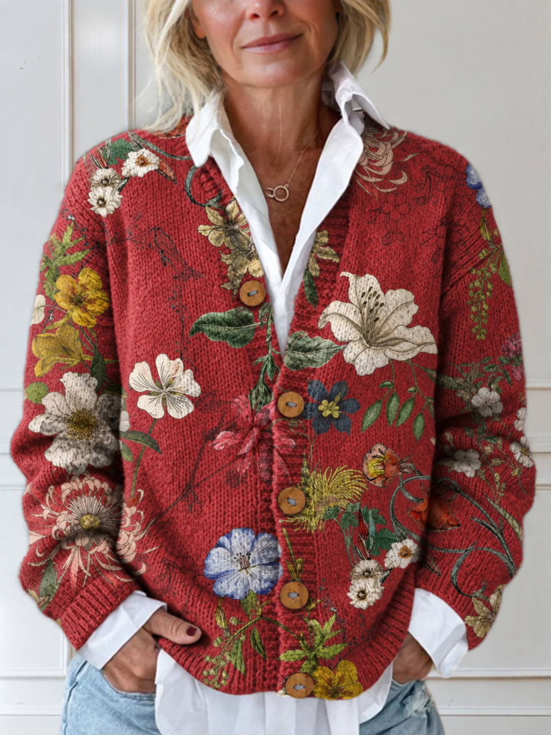 VESTE VINTAGE EN TRICOT À MOTIFS FLORAUX ET BOUTONS