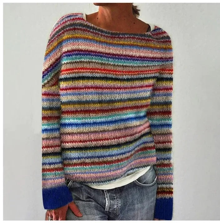 Ombeline - Pull vintage à rayures colorées et poignets bleus
