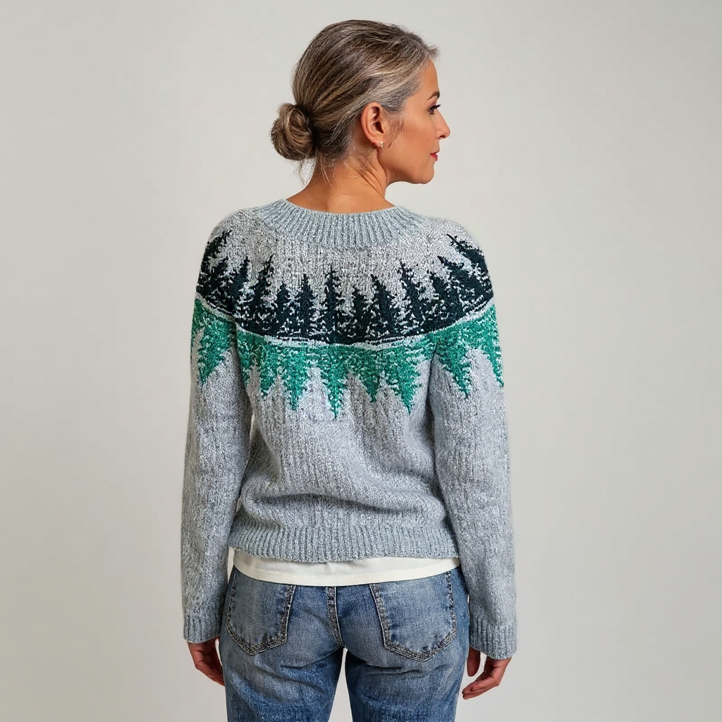 Césarine - Pull en maille d'esprit vintage gris à sapins verts