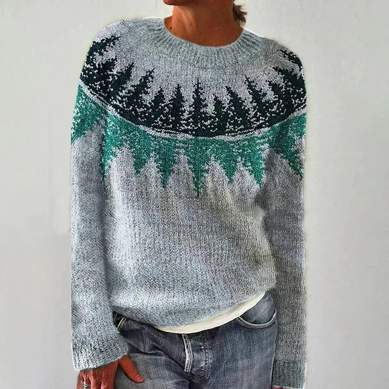 Césarine - Pull en maille d'esprit vintage gris à sapins verts