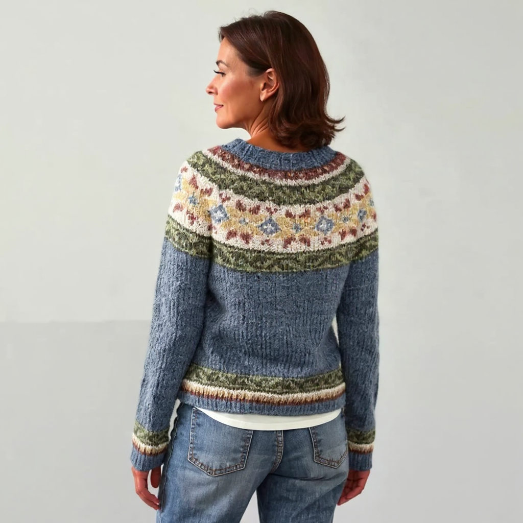 Liliane - Pull vintage gris bleuté à empiècement fleuri olive