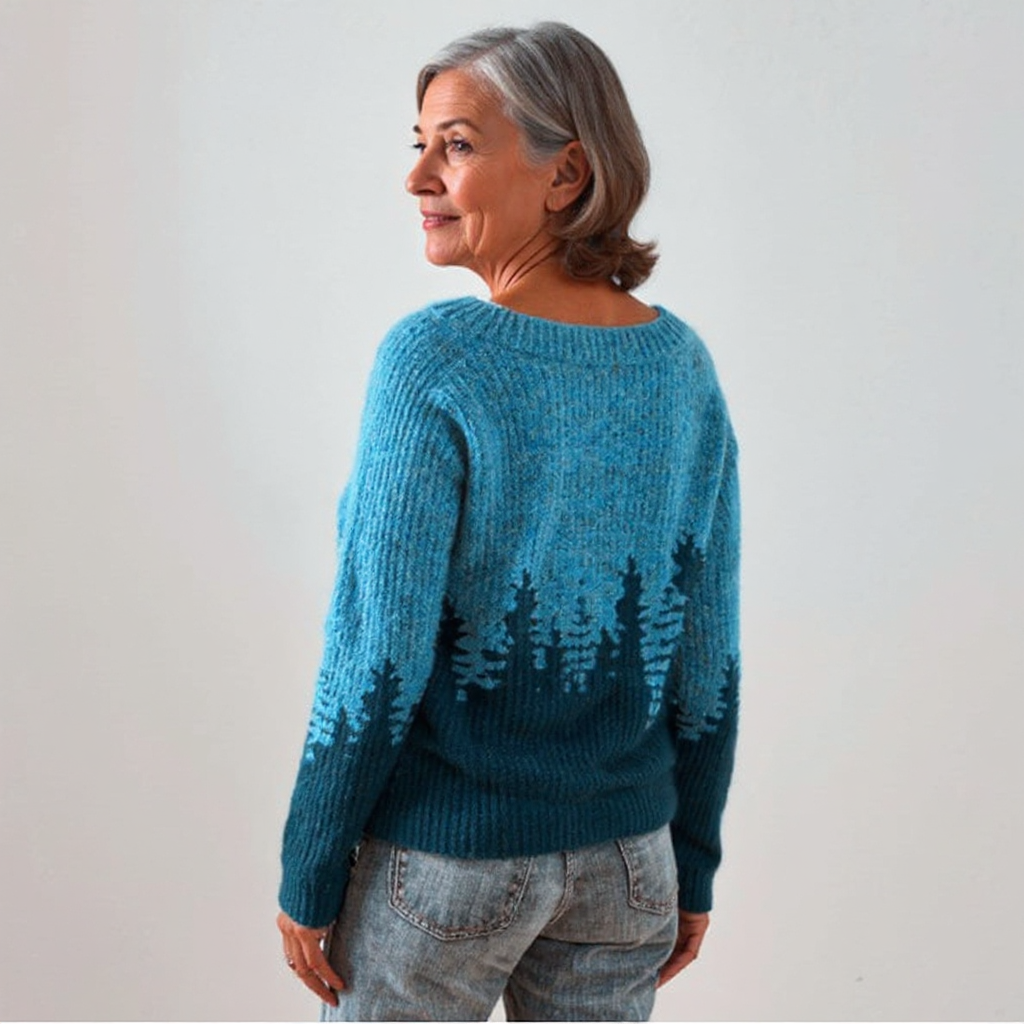 Alexandrine - Pull vintage bleu canard à forêt de sapins